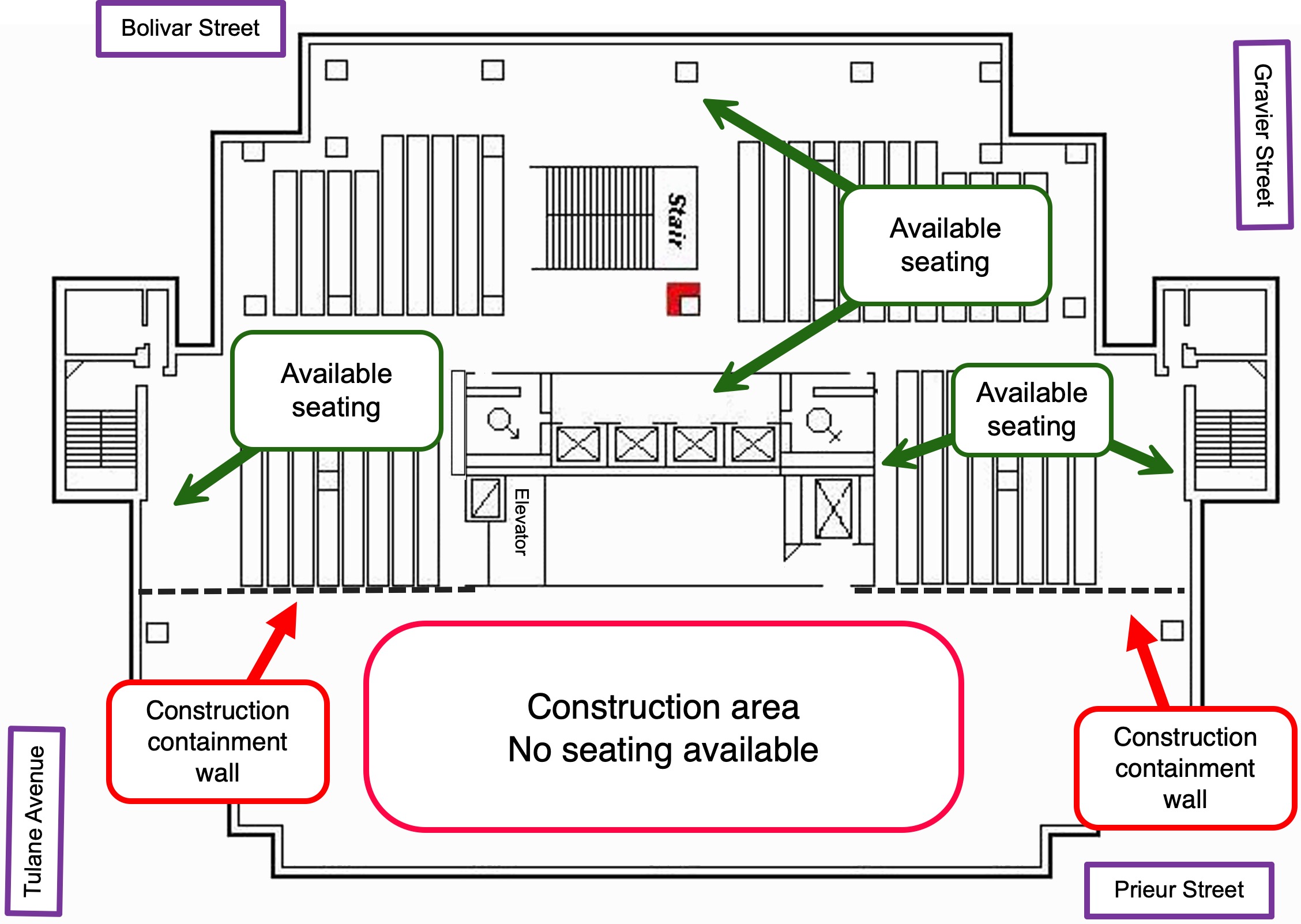 Diagram of floor with areas for seating noted